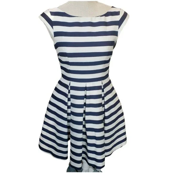 KATE SPADE NY S4 Nautical Striped CapSleeve dress Navy White Striped w  Pockets